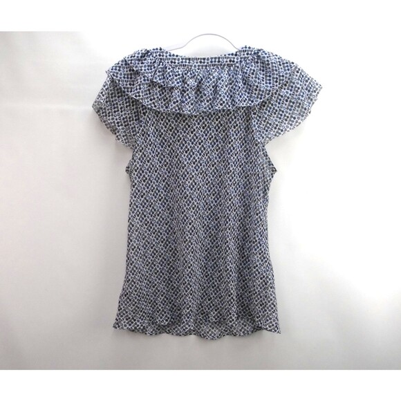 She Said Ruffle Womens Size M Short Sleeve Blouse Blue Shapes White - Picture 6 of 7
